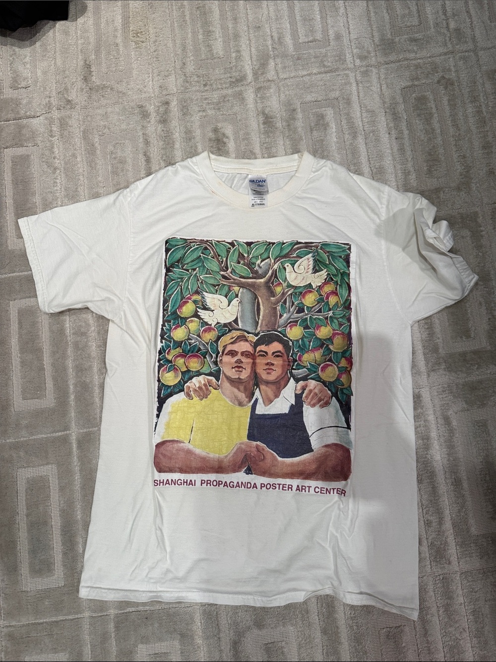 Gildan White Vintage Tee with Green and Purple Botanical Graphic